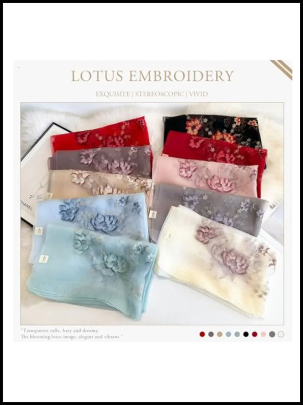 Silk Chiffon Scarf With Lotus Embroidery, Lightweight Shawl Wrap, Floral Pattern
